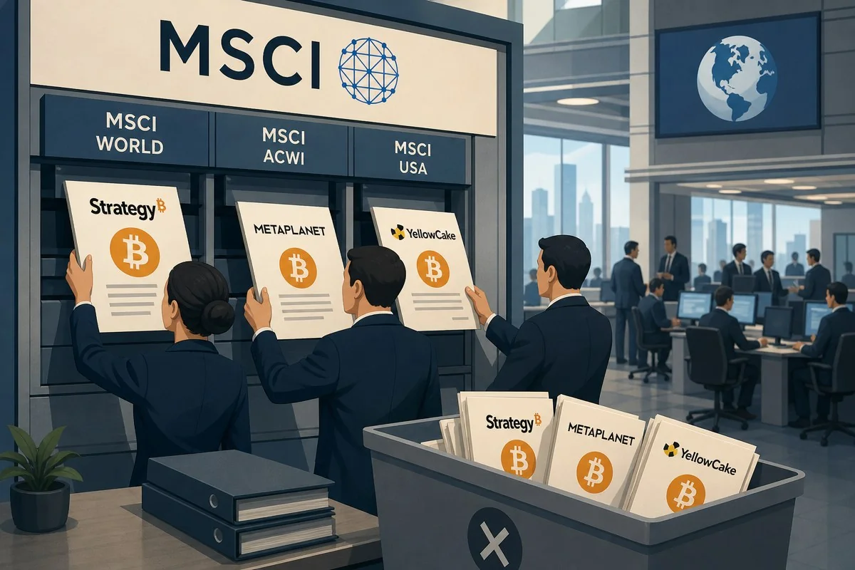 MSCI, 비트코인 재무기업 스트래티지·메타플래닛 지수 퇴출 검토…강제매도 88억달러 우려 / AI 생성 일러스트(삽화)
