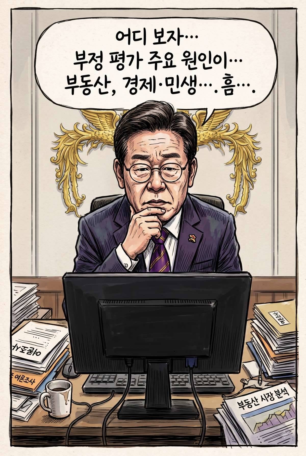 국정 지지율 '긍정·부정' 첫 역전된 이재명 대통령. 기사 내용 토대로 AI툴 활용해 제작한 자료사진.