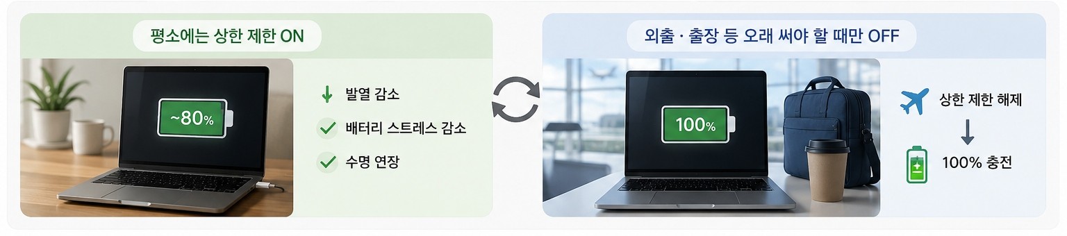 AI툴로 생성된 자료사진. 노트북을 사용할 때 평소에 상한 제한을 켜 두고, 외출이나 출장처럼 오래 써야 하는 날에만 잠시 기능을 꺼 100%까지 채워 나가는 것이 권장된다.