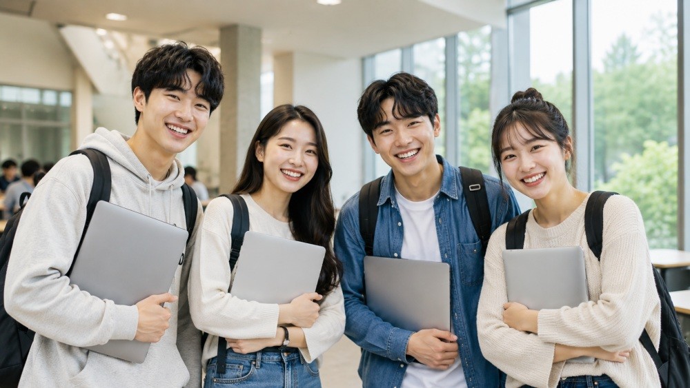 노트북을 들고 환하게 웃고 있는 대학생들을 표현한 자료사진. AI툴로 생성됐습니다.