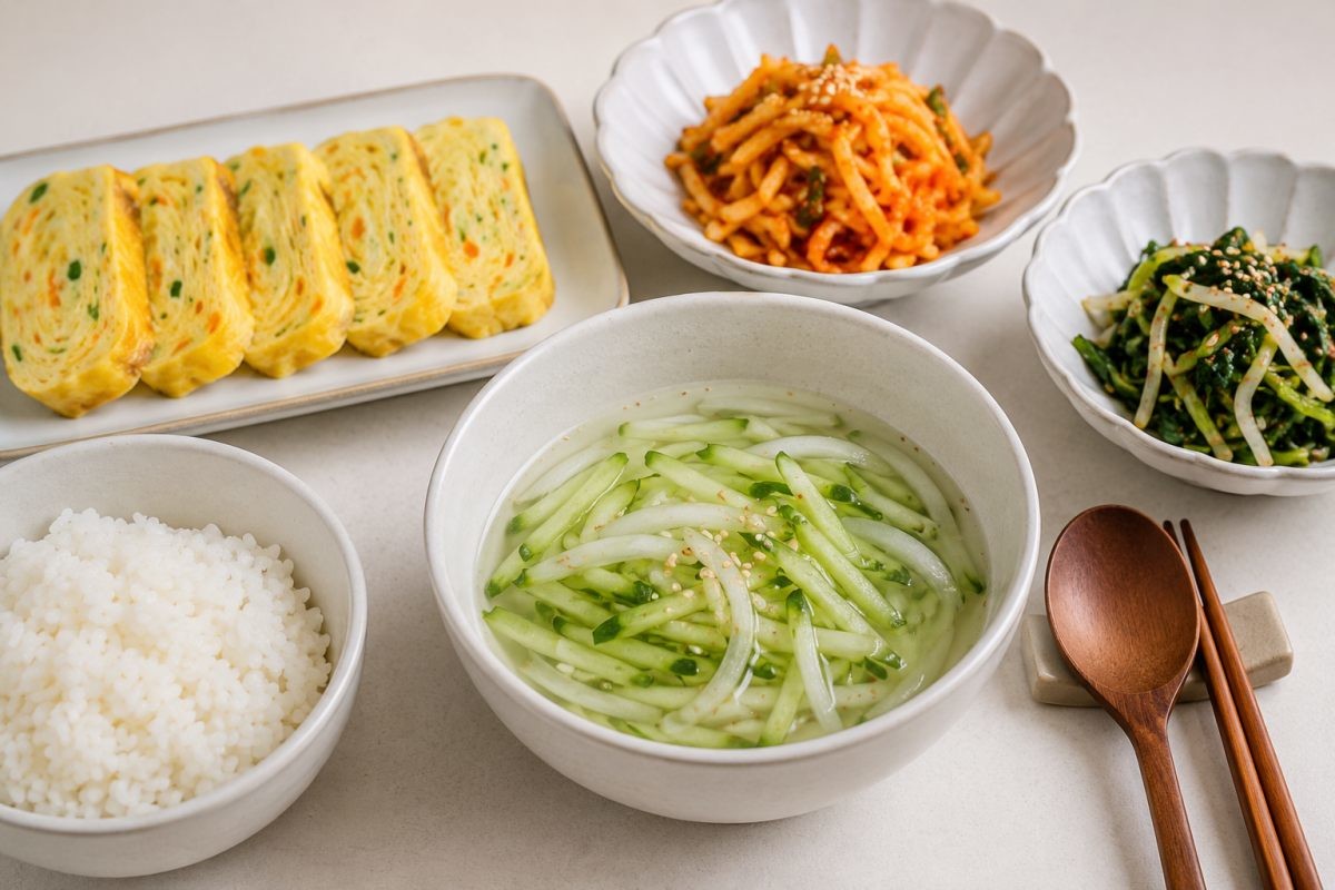 오이냉국과 함께 달걀말이, 채소 반찬을 곁들여 먹는 모습. 오이냉국에 달걀말이와 같은 단백질 반찬과 채소 반찬을 곁들여 먹으면 궁합이 좋다. 기사 이해를 돕기 위해 AI툴로 생성한 자료사진. (실제와 차이가 있을 수 있음을 알립니다.)