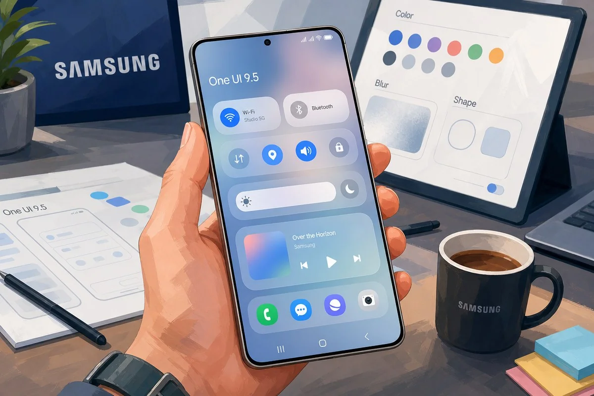 삼성 One UI 9.5, 갤럭시 S26 실기기서 유출…유리 질감 UI로 확 바뀐다 / AI 생성 일러스트(삽화)