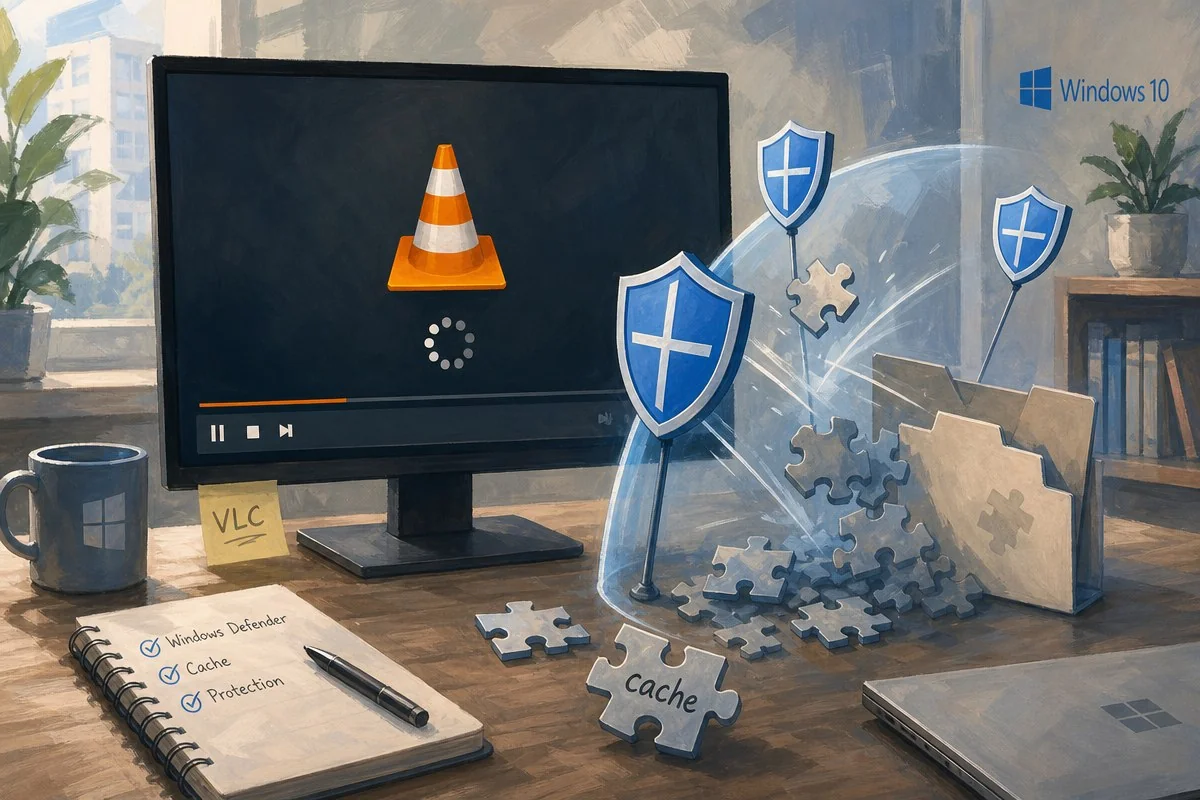 VLC MP3 재생 33초 지연, 원인은 윈도우11 디펜더의 플러그인 캐시 격리였다 / AI 생성 일러스트(삽화)