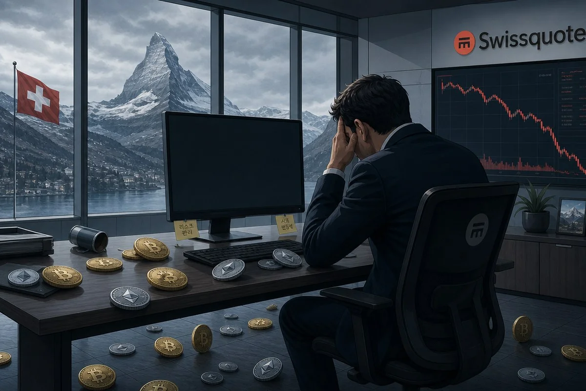 Swissquote 크립토 수익 66% 급감…주가 최대 14% 급락하며 연간 목표 낮췄다 / AI 생성 일러스트(삽화)