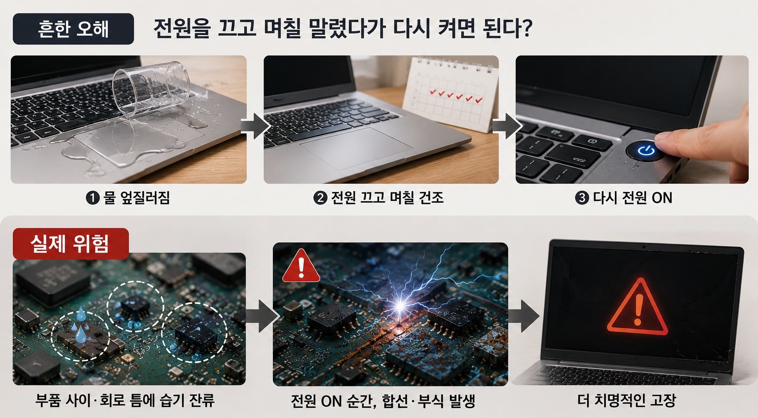 AI툴로 생성된 자료 이미지. 전원을 끄고 며칠 말렸다가 노트북을 다시 켜보는 행위는 치명적인 고장 원인이 될 수 있다.