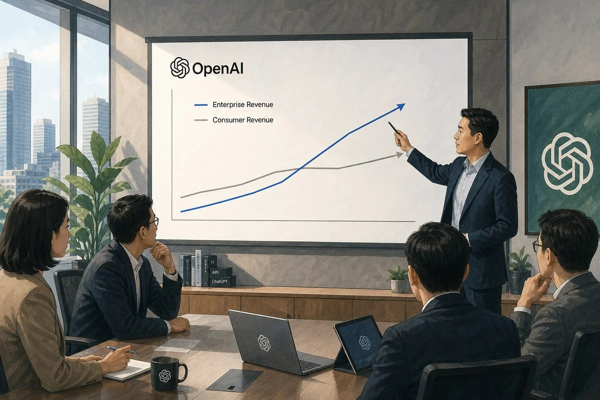 오픈AI CFO “기업 매출이 소비자 앞질렀다”…ARR 400억달러 두 분기 앞당겨졌다 / AI 생성 일러스트(삽화)