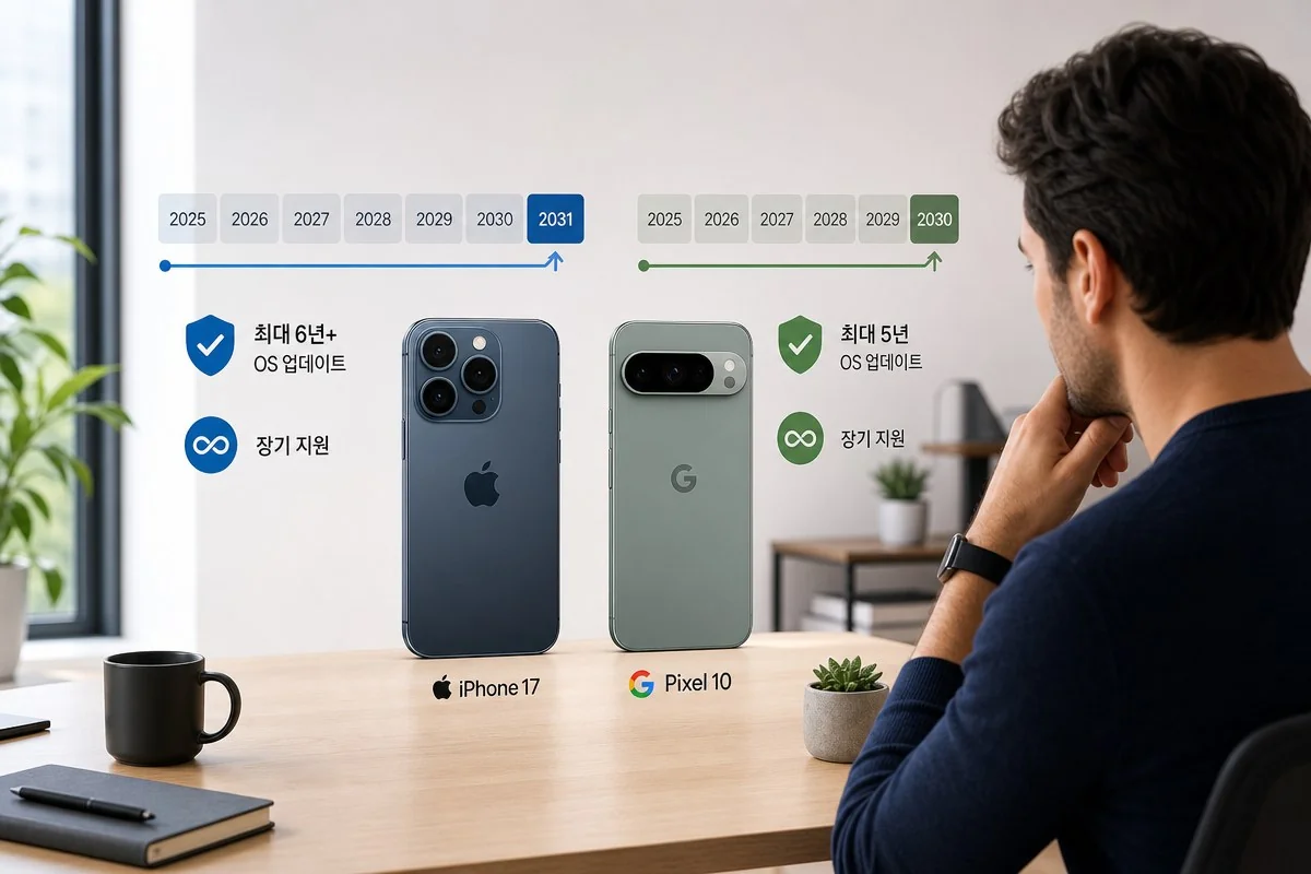애플 “최소 5년” 보증에도 아이폰11 iOS27까지 받아 구글 7년 못지않다 / AI 생성 일러스트(삽화)