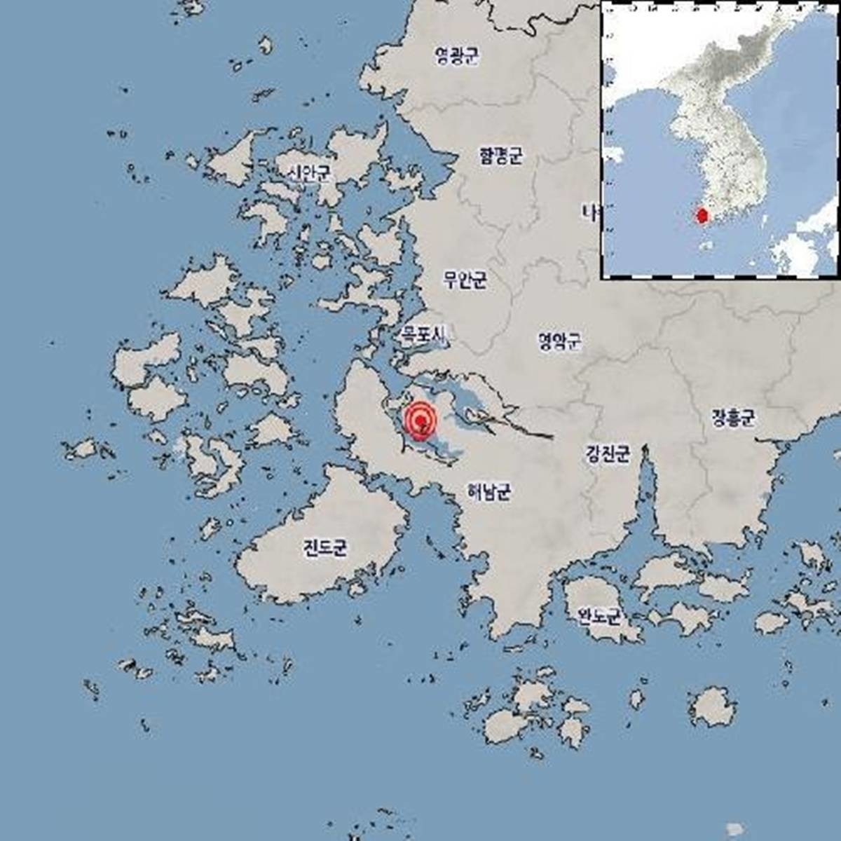 16일 오전 9시 23분 44초 전남광주 해남군 서북서쪽 21km 지역에서 규모 2.2의 지진 / 기상청