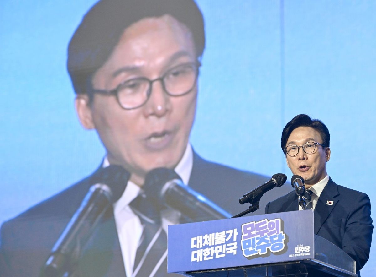 김민석 더불어민주당 신임 당대표가 당대표 선출 후 수락 연설을 하는 모습. / 뉴스1-공동취재