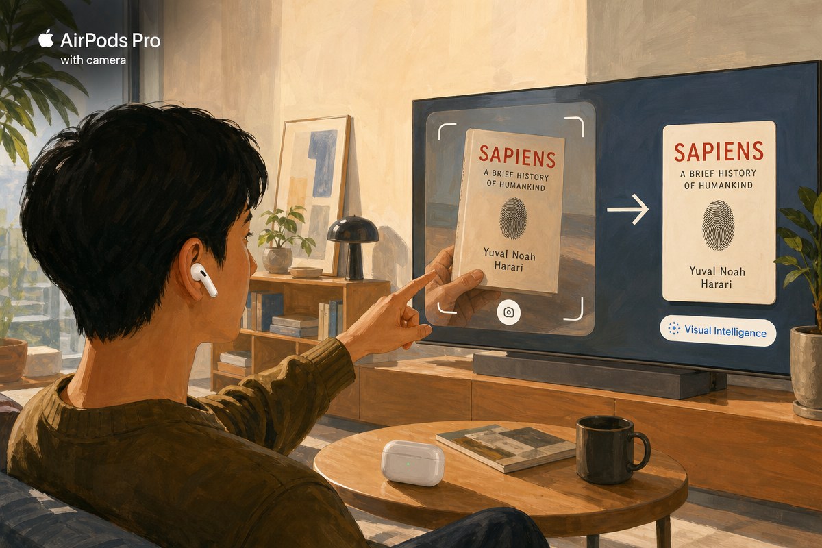 애플 macOS 26.7 RC서 카메라 에어팟 데모 영상 유출, 시리가 책 표지 저장해준다 / AI 생성 일러스트(삽화)