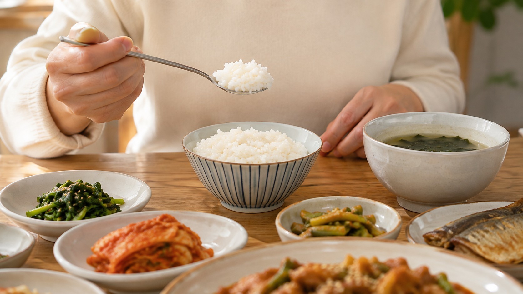 한국에서는 대체로 밥그릇을 들어 올리지 않고 숟가락으로 밥을 떠서 먹는다. AI툴로 생성한 자료사진.