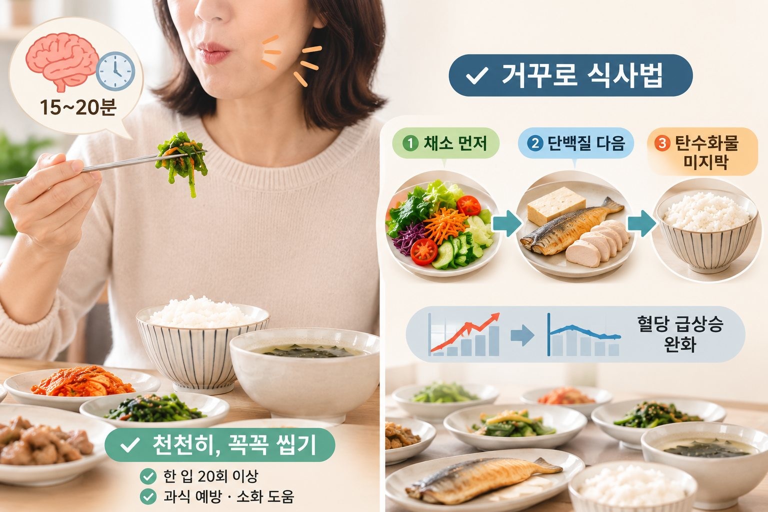 AI툴로 생성된 자료사진. 건강한 식사에서 가장 강조되는 것은 '천천히, 꼭꼭 씹어 먹기'다. 뇌가 포만감을 느끼는 데는 약 15~20분이 걸리기 때문에 너무 빨리 먹으면 필요 이상으로 많은 양을 섭취하게 될 수 있다. 식이섬유가 풍부한 채소를 먼저 먹고, 그다음 단백질, 마지막에 탄수화물을 먹는 방식도 혈당 관리에 유용하다고 알려졌다.