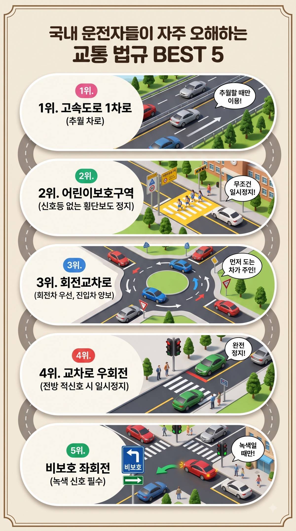운전자들이 잘 헷갈리는 교통 법규 5가지. 기사 내용 토대로 AI툴 활용해 제작한 자료사진.
