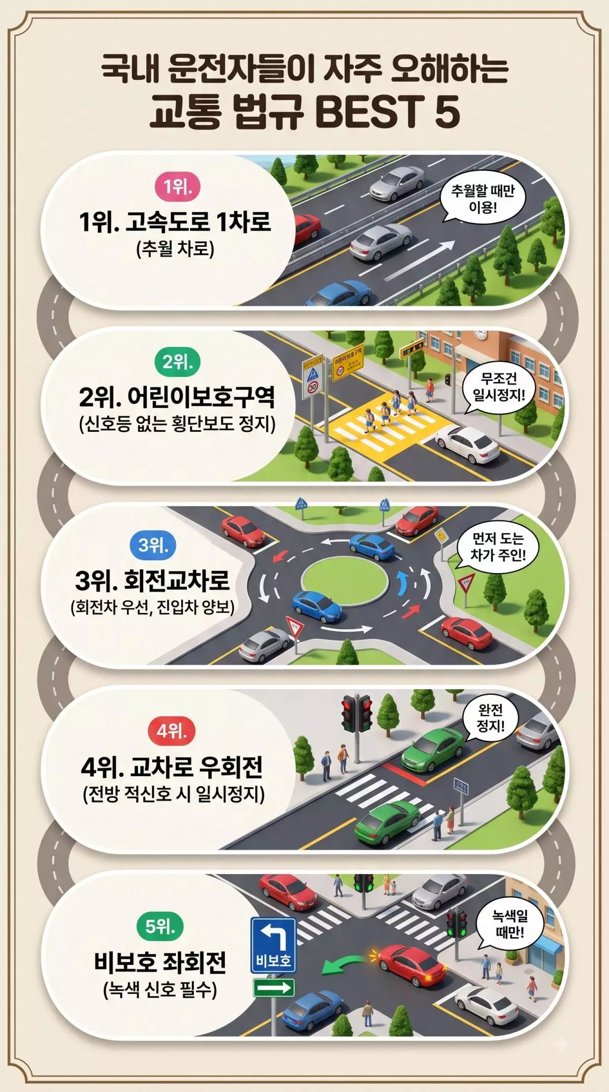 운전자들이 잘 헷갈리는 교통 법규 5가지. 기사 내용 토대로 AI툴 활용해 제작한 자료사진.