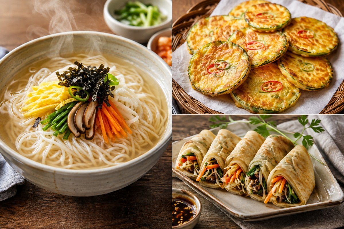 칠월칠석을 맞아 즐기기 좋은 밀국수와 호박전, 밀전병. / AI 생성 이미지