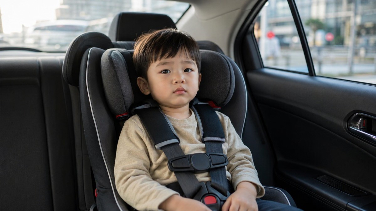 자동차에서 유아보호용 장구를 착용한 아이. AI툴로 생성한 자료사진. (실제와 차이가 있을 수 있음을 알립니다.)
