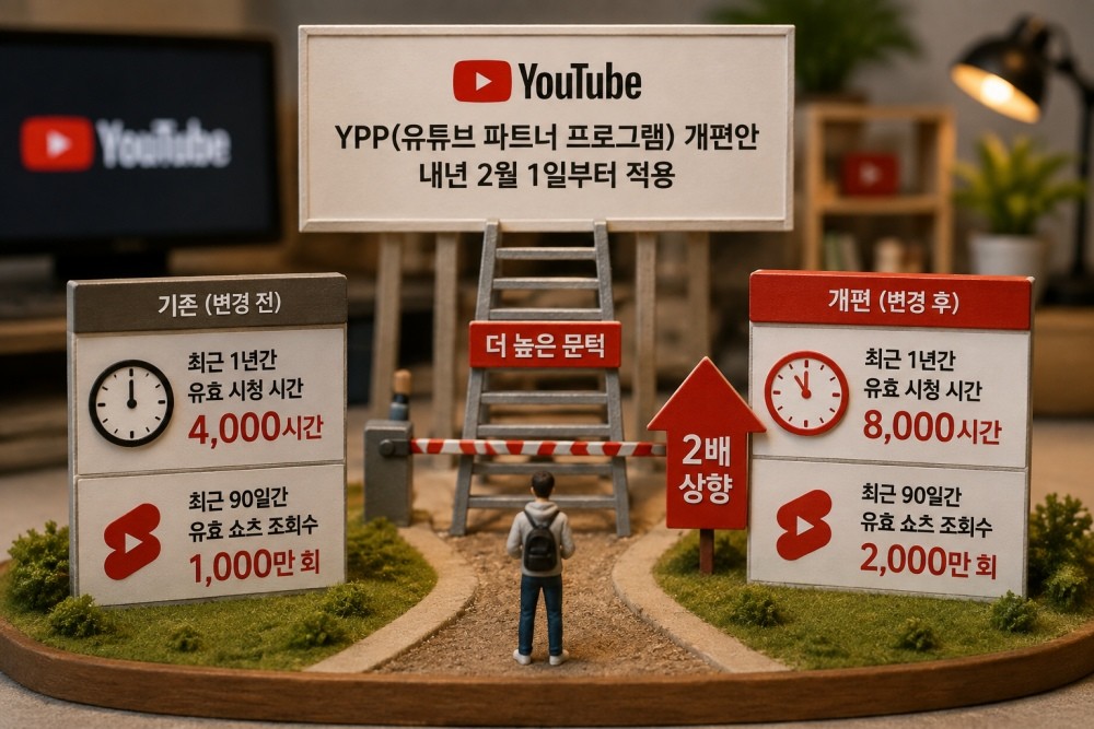 AI툴로 생성한 자료이미지. 지난 12일 유튜브는 광고 등 수익을 배분받는 요건을 최근 1년간 유효 시청 시간 8000시간 또는 최근 90일간 유효 쇼츠 조회수 2000만 회로 상향하는 YPP 개편안을 2027년 2월 1일부터 적용한다고 밝혔다.