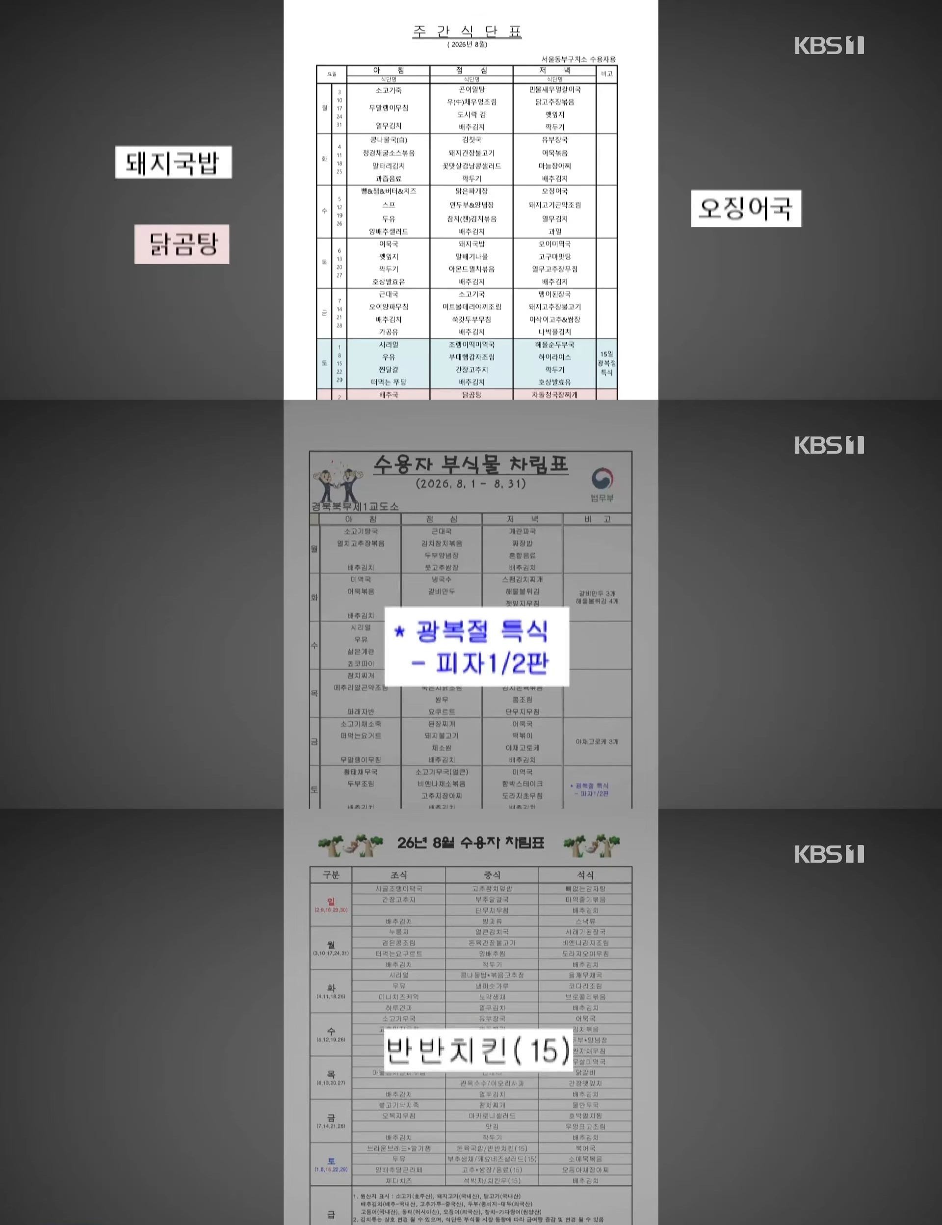 법무부 교정본부가 공개한 8월 수용자 식단표. / 법무부 교정본부·KBS 보도화면 캡처