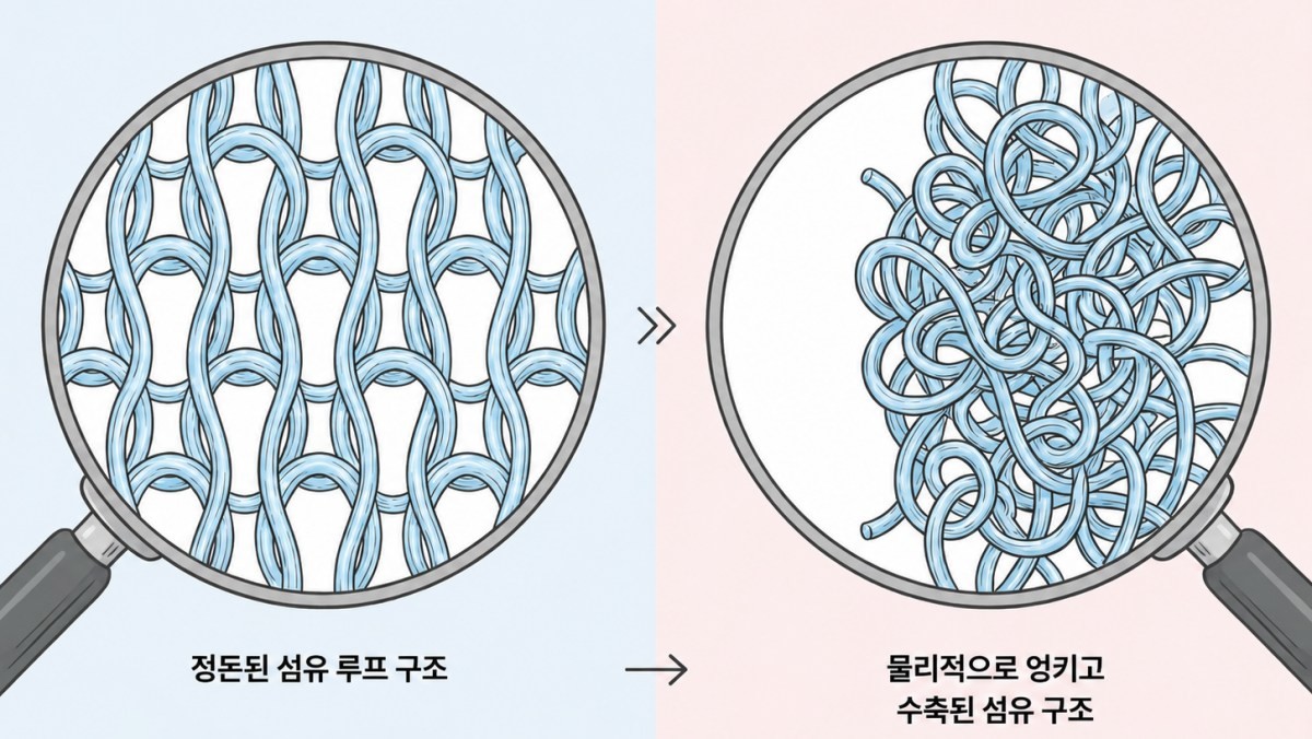 섬유 구조. 니트류 옷이 세탁 과정에 줄어드는 현상은 섬유끼리 물리적으로 엉키면서 발생한다. 일시적으로 형태를 늘려놓더라도 다시 세탁하면 같은 상태로 돌아갈 수 밖에 없다. 기사 이해를 돕기 위해 AI툴로 생성한 자료사진. (실제와 차이가 있을 수 있습니다.)
