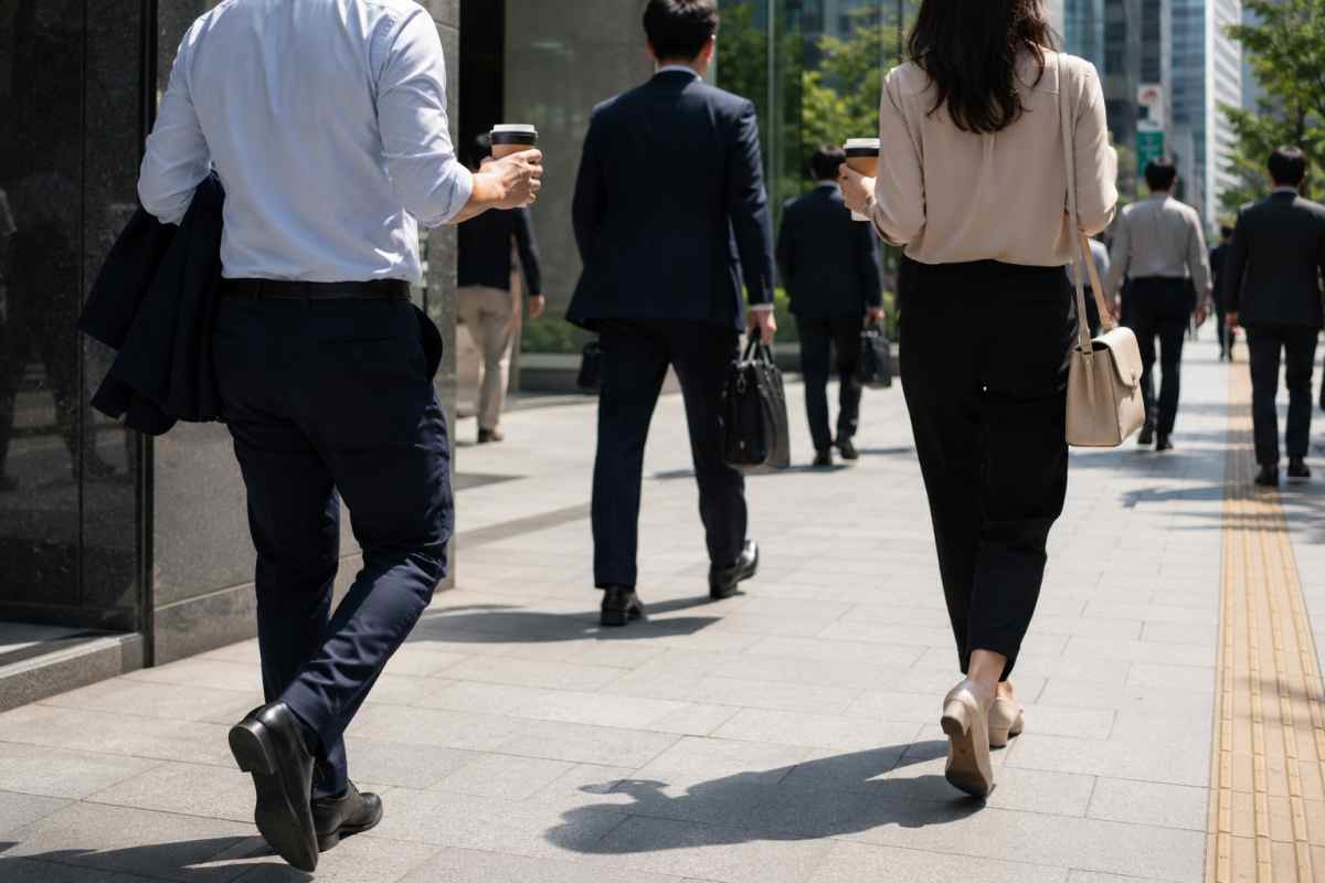 직장인들이 커피를 마시며 거리를 걷고 있는 모습 / AI 생성 이미지