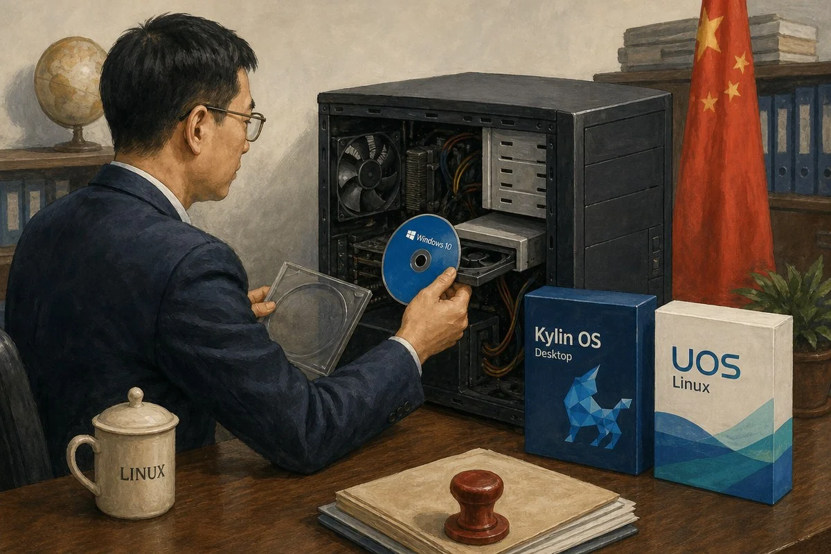 중국, 마이크로소프트와 합작한 전용 윈도우10마저 걷어내고 2026년 리눅스로 전환한다 / AI 생성 일러스트(삽화)