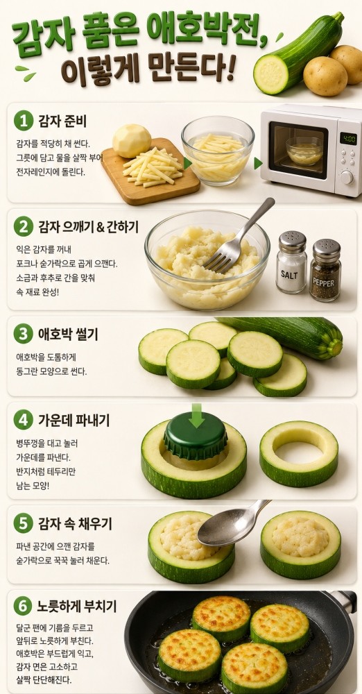 [인포그래픽] 감자 품은 애호박전 레시피 자료이미지. 애호박을 썰어 속을 비우고 으깬 감자를 채워 노릇하게 부치면 완성된다. AI툴로 생성됐습니다.