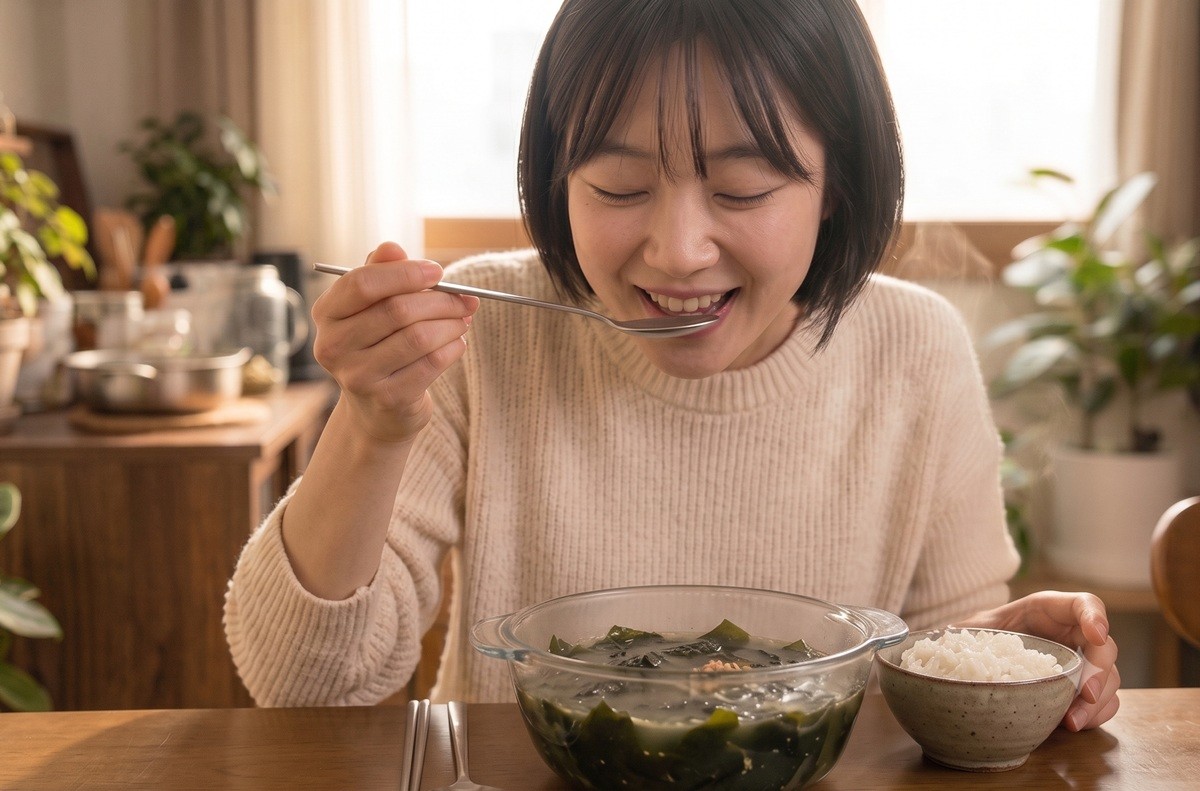 새우가루를 넣은 미역국을 맛있게 먹는 모습. 기사 이해를 돕기 위해 AI를 활용해 제작한 자료 사진