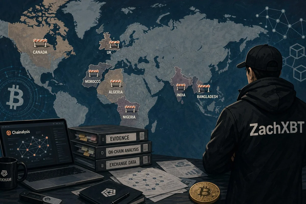 ZachXBT, 영국·캐나다·인도 등 7개국 이용자 접근을 새 지원사이트서 차단한다 / AI 생성 일러스트(삽화)