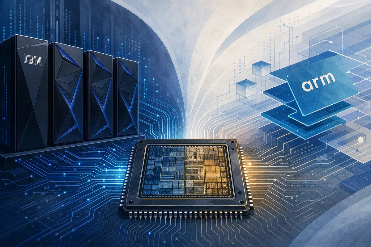 IBM, 메인프레임 코어 하나로 Arm·자체 명령어 동시 처리하는 듀얼칩 첫 공개 / AI 생성 일러스트(삽화)