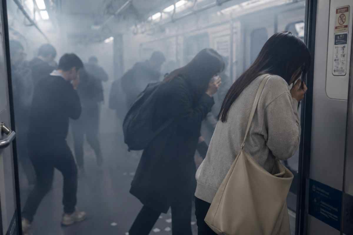 승객들이 화재 사고로 대피하고 있는 모습 / AI 생성 이미지