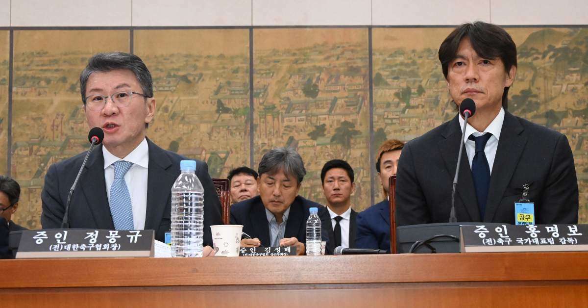 대한축구협회 청문회 증인으로 출석한 정몽규 전 축구협회장과 홍명보 감독 / 뉴스1