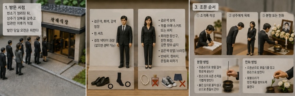 AI툴로 생성된 자료이미지. 조문객이 지켜야할 격식을 사전에 알아두면 좋다. 부고를 받았다고 곧바로 달려가기보다는 빈소가 어느 정도 정리된 뒤에 찾는 것이 예의다. 복장은 어두운 무채색이 기본이다. 빈소에 들어서면 먼저 조객록(부의록)에 이름을 적고 상주에게 가볍게 목례한 뒤 영정 앞에서 분향이나 헌화를 한다. 조의금은 보통 홀수 단위로 맞춰 3만원, 5만원, 7만원, 10만원 등으로 준비한다.