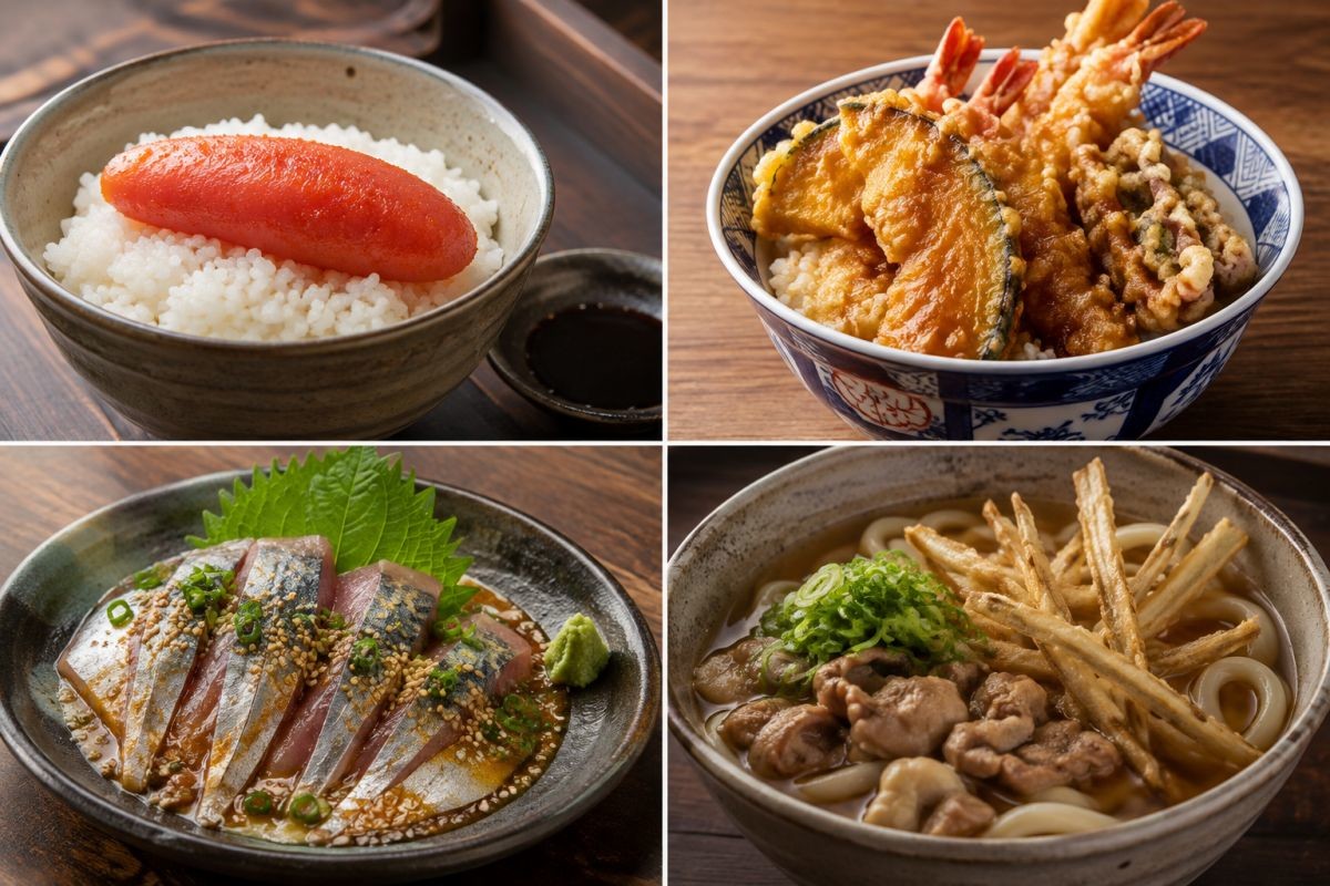 멘타이쥬, 텐동, 고마사바, 고보텐 우동 등 후쿠오카 대표 음식들 / 기사 내용을 바탕으로 제작한 AI 이미지. 실제 모습과 차이가 있을 수 있습니다.