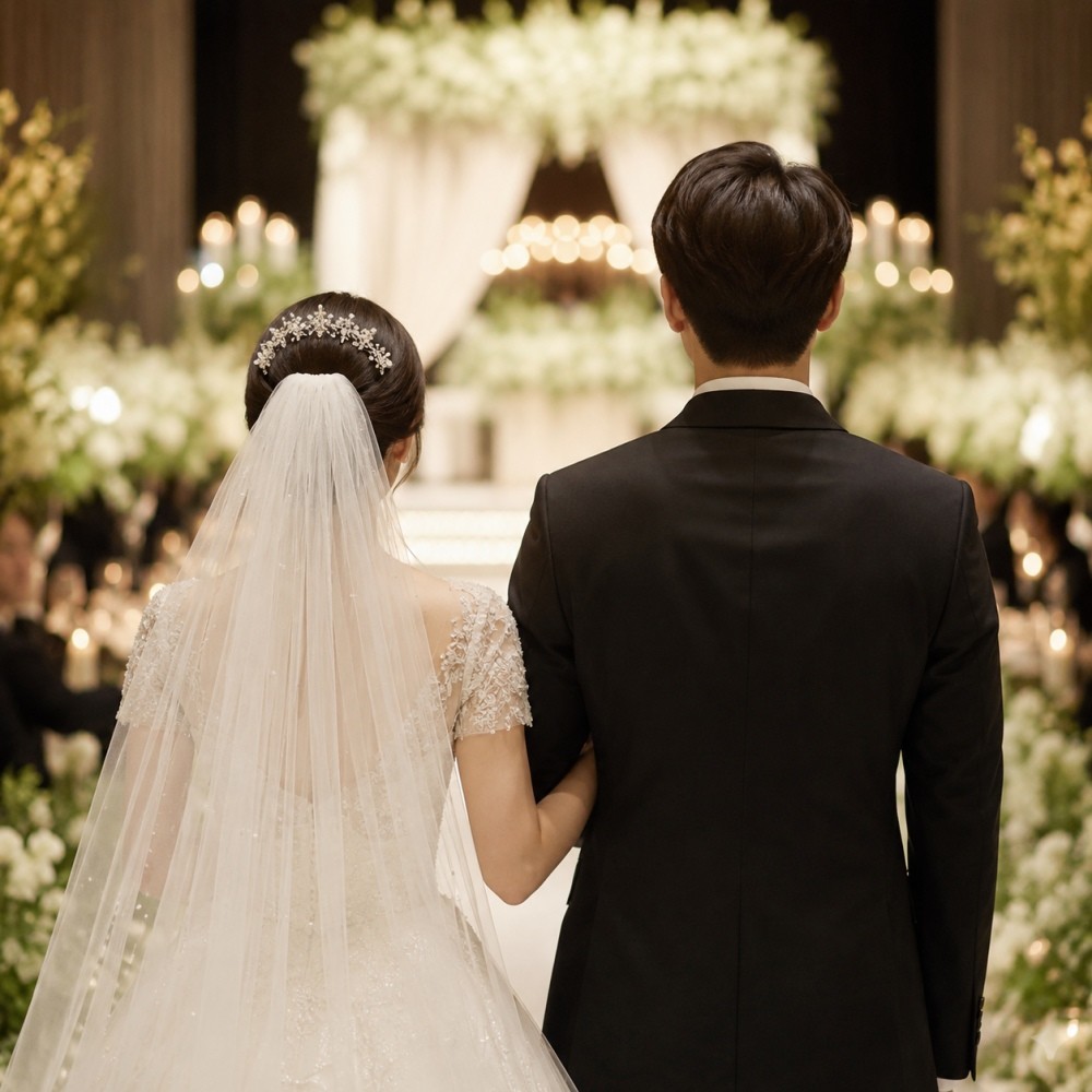 결혼식을 앞두고 있는 신랑 신부를 표현한 이미지. AI툴로 생성됐습니다.
