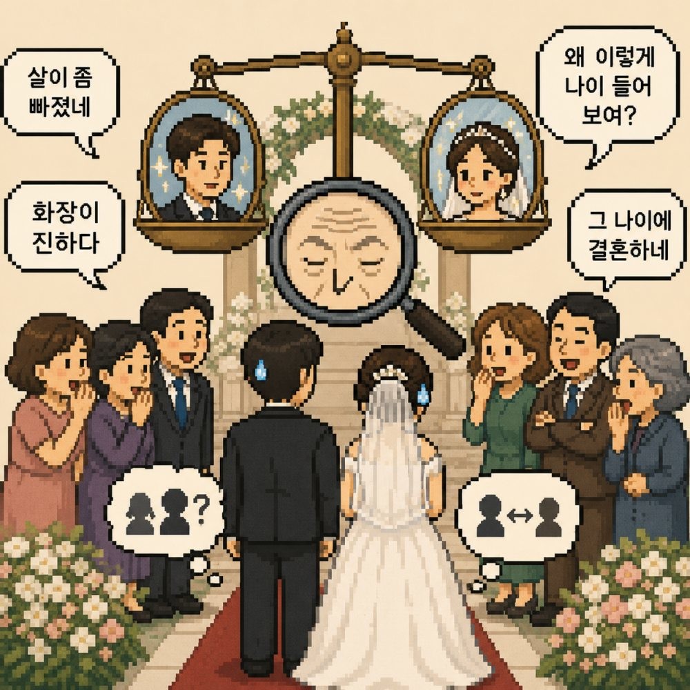 외모와 나이에 관해 품평하는 하객들의 모습을 표현한 픽셀 아트 이미지. AI툴로 생성됐습니다.