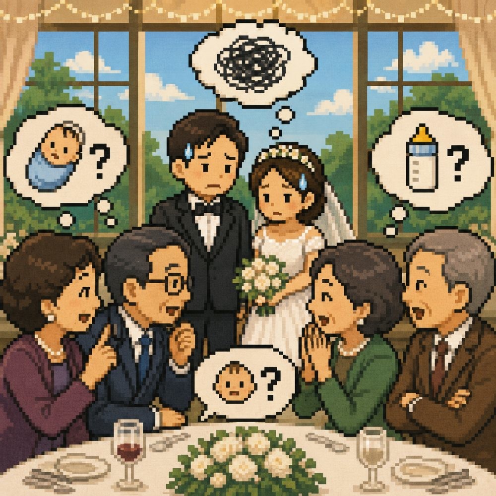 2세 계획을 묻는 사람들을 표현한 픽셀 아트 이미지. AI툴로 생성됐습니다.