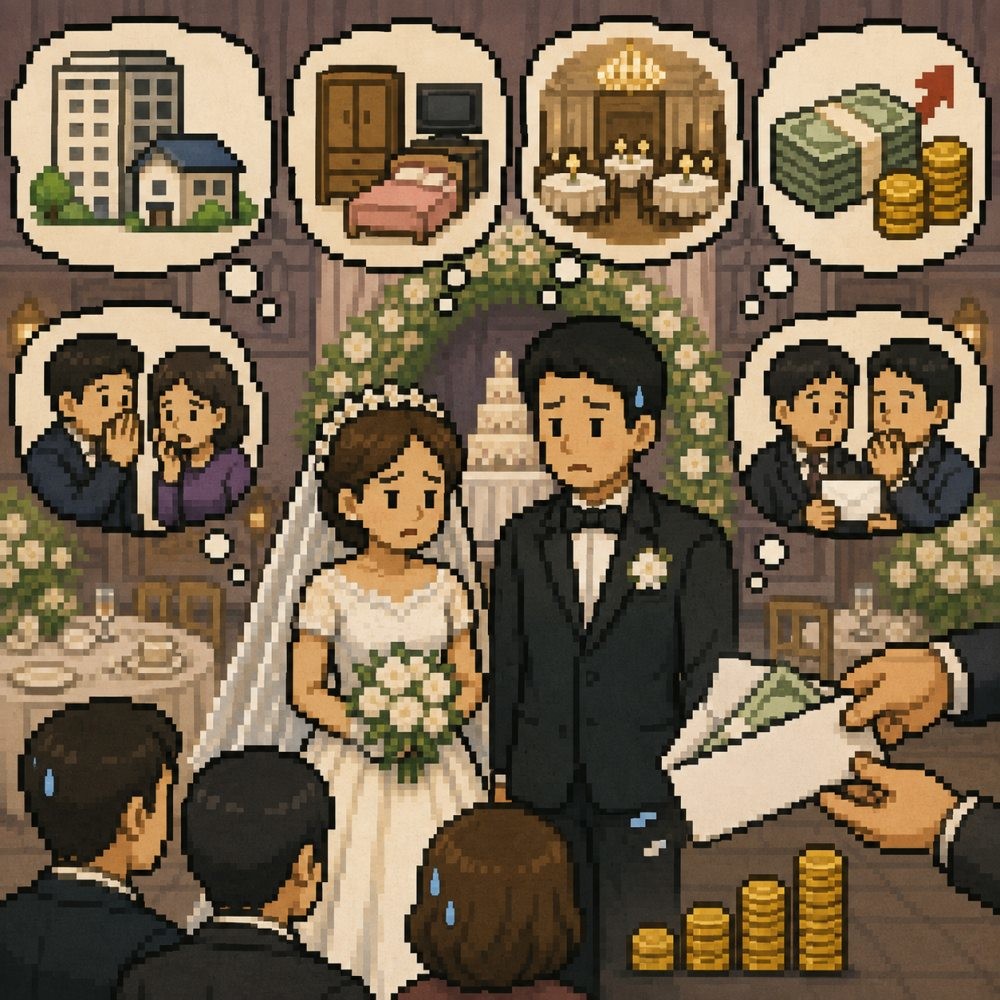 신혼부부의 경제 사정을 표현하는 픽셀 아트 이미지. AI툴로 생성됐습니다.