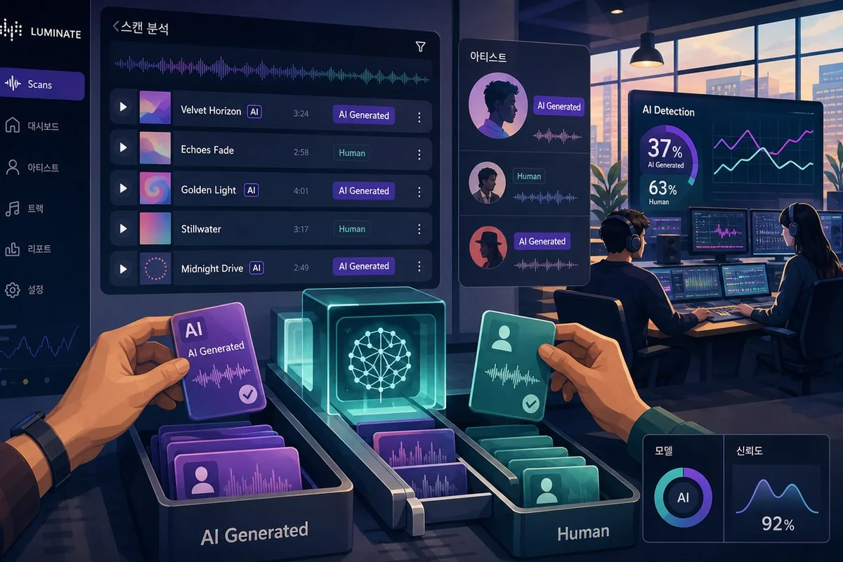 루미네이트, CONNECT에서 AI 음악 수천 건 식별했지만 라벨은 연내 공개 / AI 생성 일러스트(삽화)