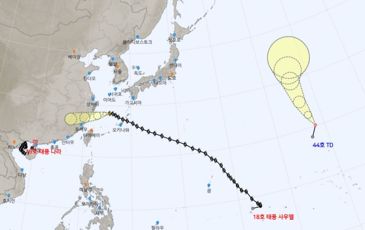 기상청 날씨누리에 공개된 제18호 태풍 ‘사우델’ 예상 이동 경로. / 기상청 날씨누리 캡처