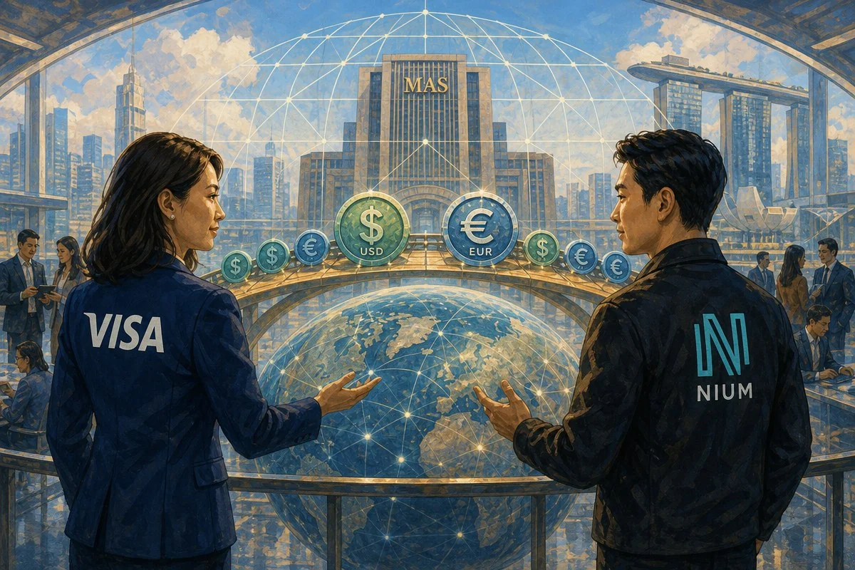 비자, 나이엄과 스테이블코인 정산 시험…MAS 블룸 참여로 주 7일 정산 도전한다 / AI 생성 일러스트(삽화)