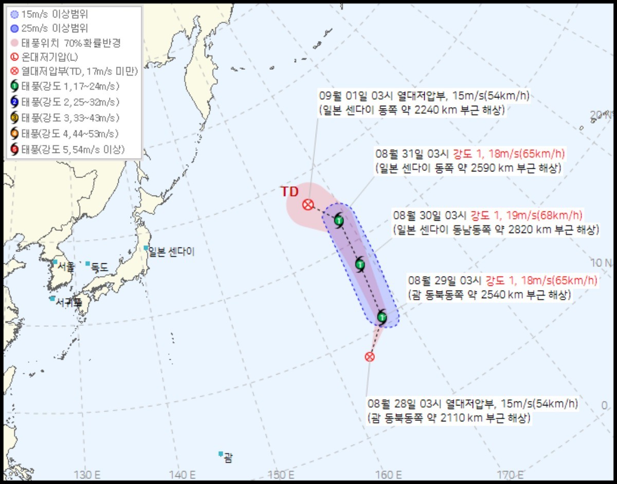 제23호 태풍 ‘방랑’으로 발달할 것으로 예상되는 제42호 열대저압부의 예상 이동 경로. / 기상청 제공