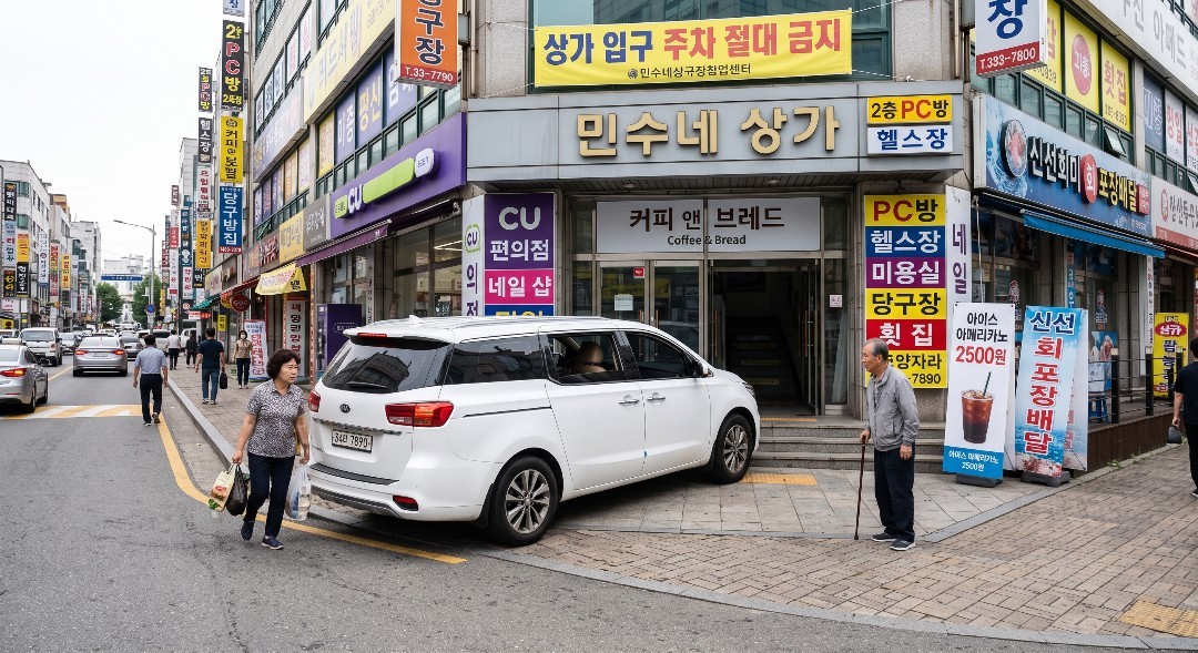 상가 입구를 막은 주차 차량 이미지 / AI 생성 이미지