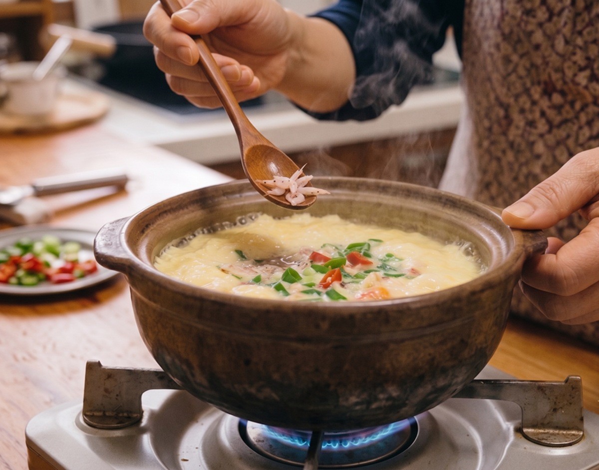 계란찜을 만들 때 새우젓을 넣는 모습. 기사 이해를 돕기 위해 AI를 활용해 제작한 자료 사진. 실제 모습과 다소 차이가 있을 수 있음.