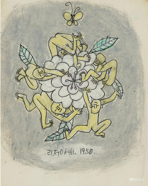이중섭, 꽃과 노란 어린이, 1955, 종이에 펜과 유채, 22x15cm/이중섭