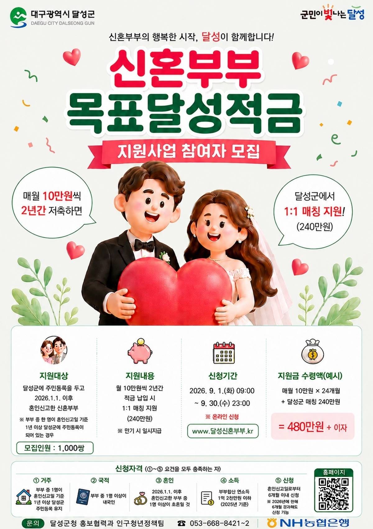 달성군 신혼부부 목표달성적금 지원사업 참여자 모집 포스터. / 대구 달성군