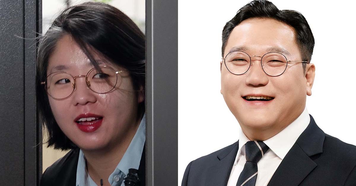 용혜인(왼쪽) 성평등가족부 장관 후보자와 그의 남편인 박기홍 기본소득당 전략기획부총장. 용 후보자 사진의 출처는 뉴스1이고 박 부총장 사진은 박 부총장 페이스북에서 가져왔다.