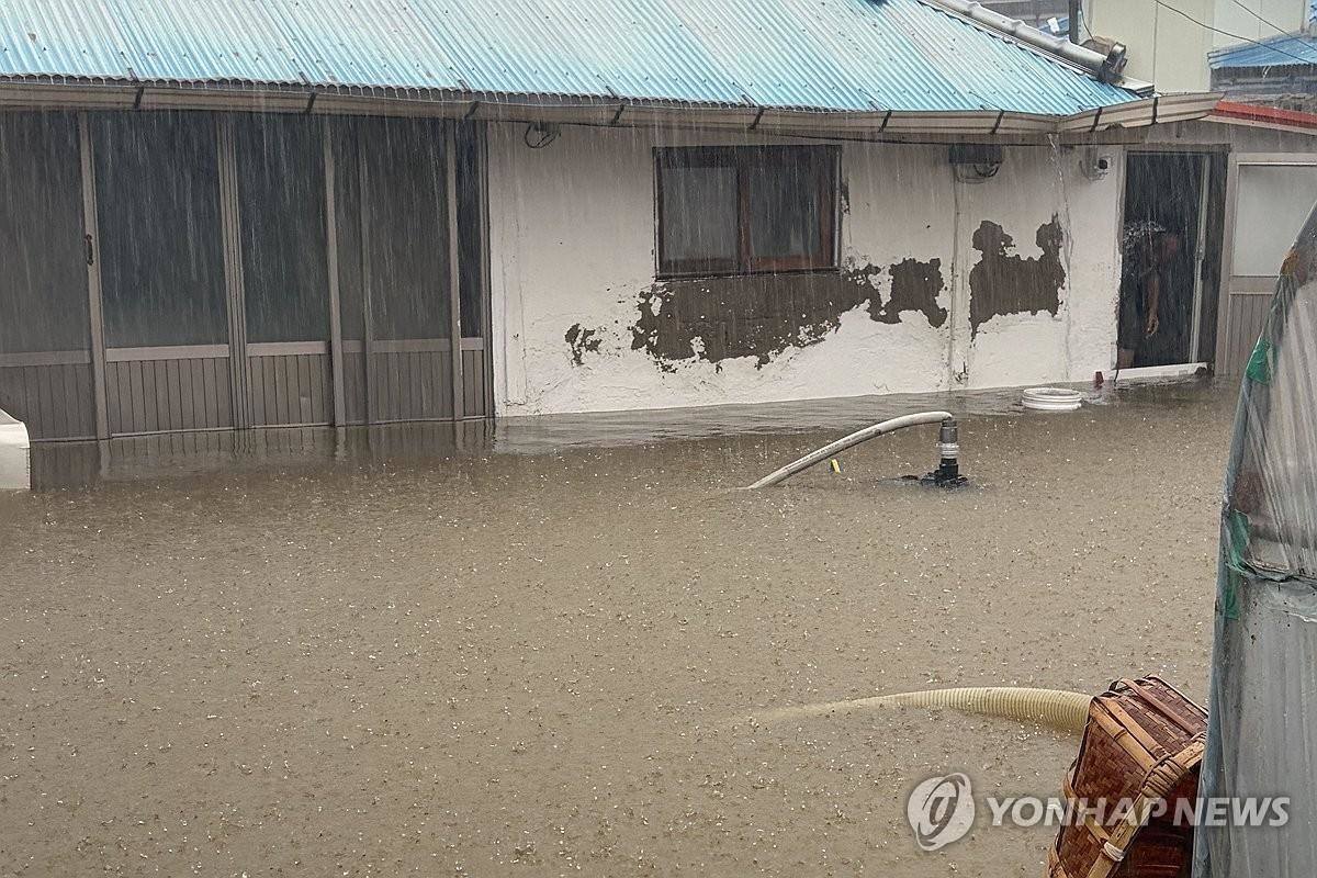 지난달 31일 전남광주 영광군 한 주택 마당이 빗물에 잠겨 있다. 8월의 마지막 날인 지난달 31일 호남권, 충청권, 경북 북서부 등에 많은 비가 내렸다. 이로 인해 주요 도로와 주택이 침수되고 산비탈이 무너졌으며 실종 신고까지 접수됐다. 전남광주 영광군에서는 지난달 31일 오전 8시 5분쯤 법성면의 한 주택이 침수됐으며 이날 오전 7시 3분쯤에는 시종면의 한 주택가에서는 나무가 쓰러져 안전 조치가 이뤄졌다. 시간당 60㎜의 강한 비로 고창군 아산면 주진천 수위가 상승하자 고창군은 지난달 31일 오전 9시 30분쯤 인근 주민들에게 대피 명령을 내리기도 했다. 마을 고지대로 대피했던 주민 6명은 물이 빠진 뒤 모두 귀가했다. / 전남광주통합소방본부 제공-연합뉴스