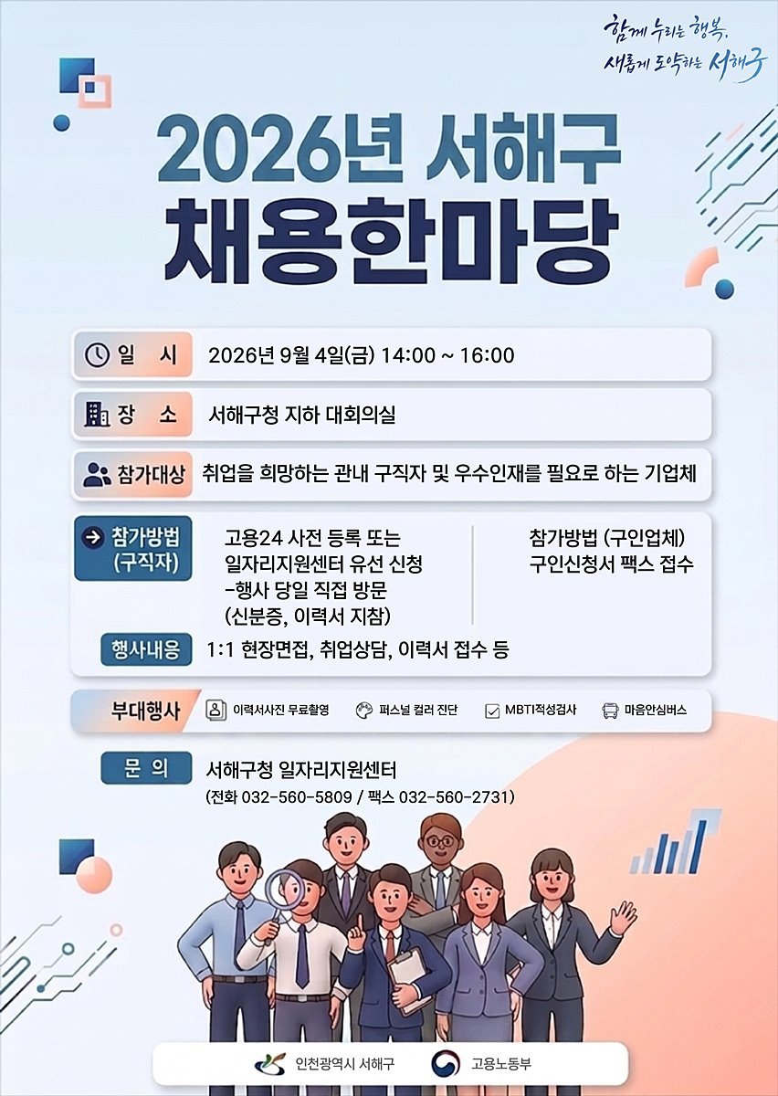 "일자리 찾아드립니다" 서해구, 50개 기업 참여 '채용한마당' 연다