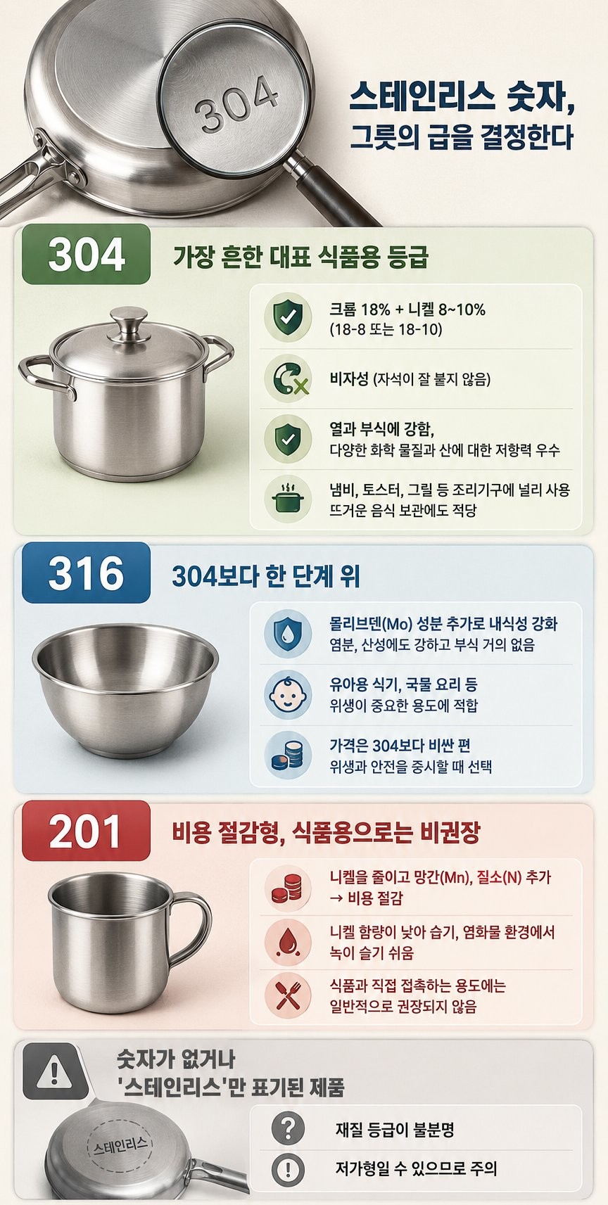 [인포그래픽] 스테인리스 소재 팬에 표기된 숫자에 관한 설명을 나타내는 자료 이미지. AI툴을 활용해 생성됐습니다.