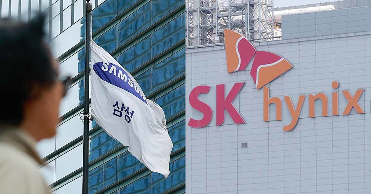 서울 삼성전자 서초사옥에 깃발이 나부끼고 있는 모습(왼쪽)과 경기 이천시 SK하이닉스 본사. / 뉴스1